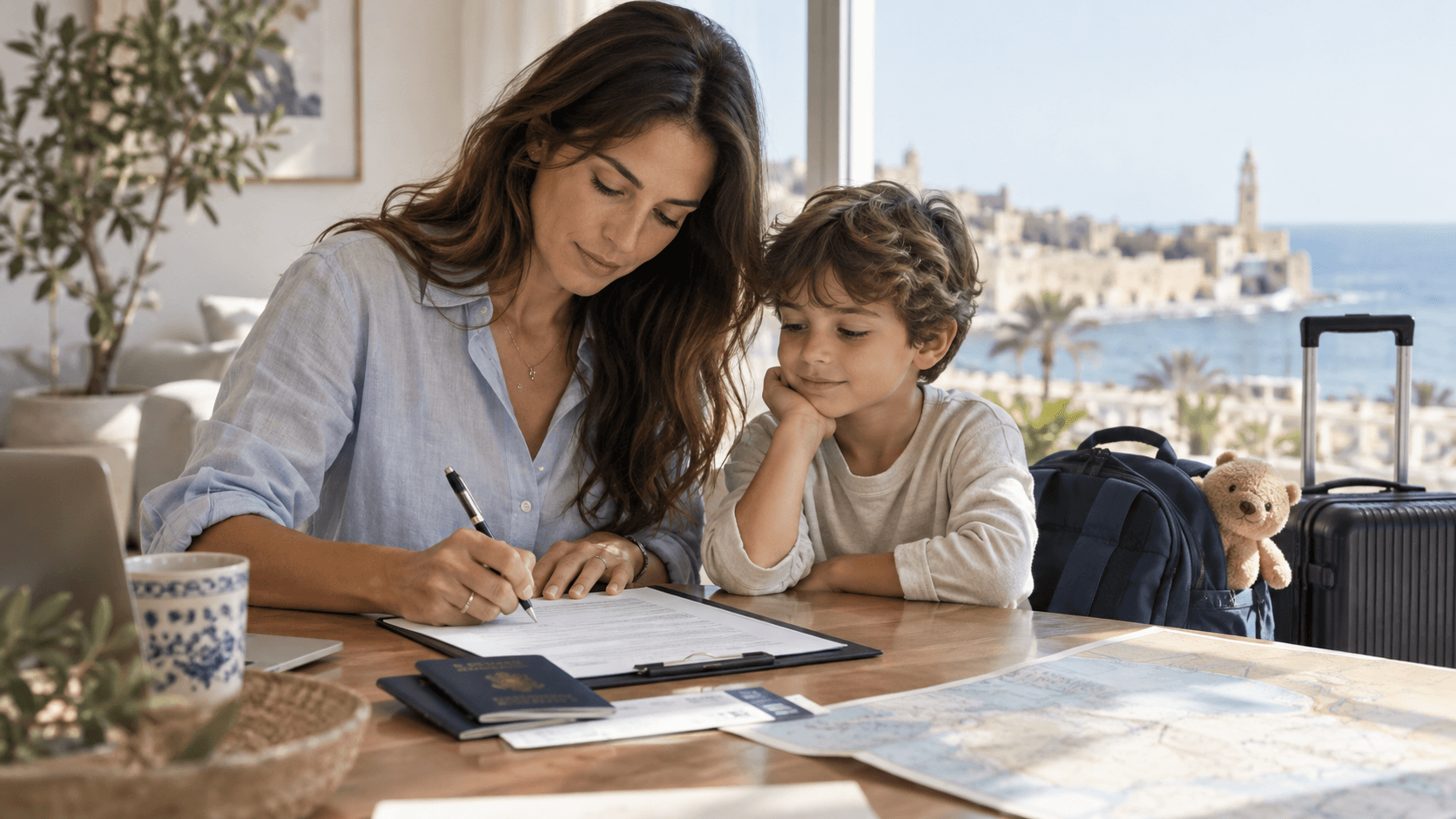 A woman signs a document next to a child, with passports, a boarding pass and a map on the table